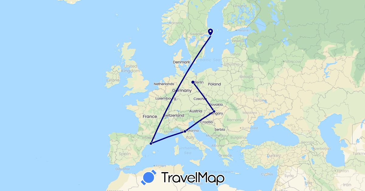 TravelMap itinerary: driving in Germany, Spain, Hungary, Italy, Sweden (Europe)
